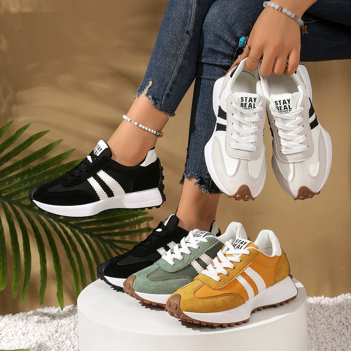 Moda novo estilo elegante rendas até sapatos casuais femininos primavera/outono dedo do pé redondo sola grossa anti deslizamento sapatos esportivos confortáveis