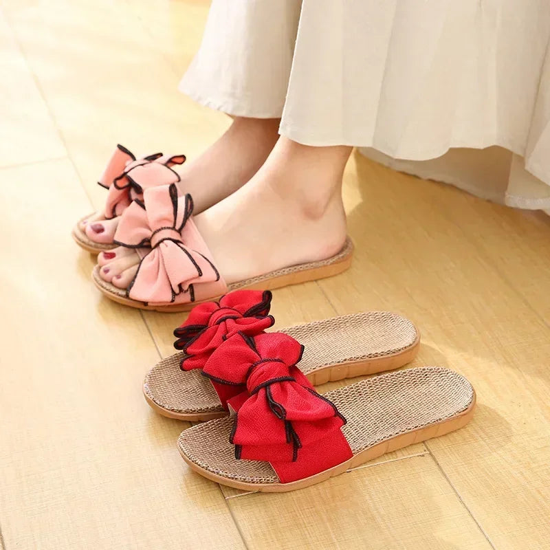 Chinelo feminino casual de verão, confortável, em linho listrado com laço, sandália plataforma, ideal para uso interno.