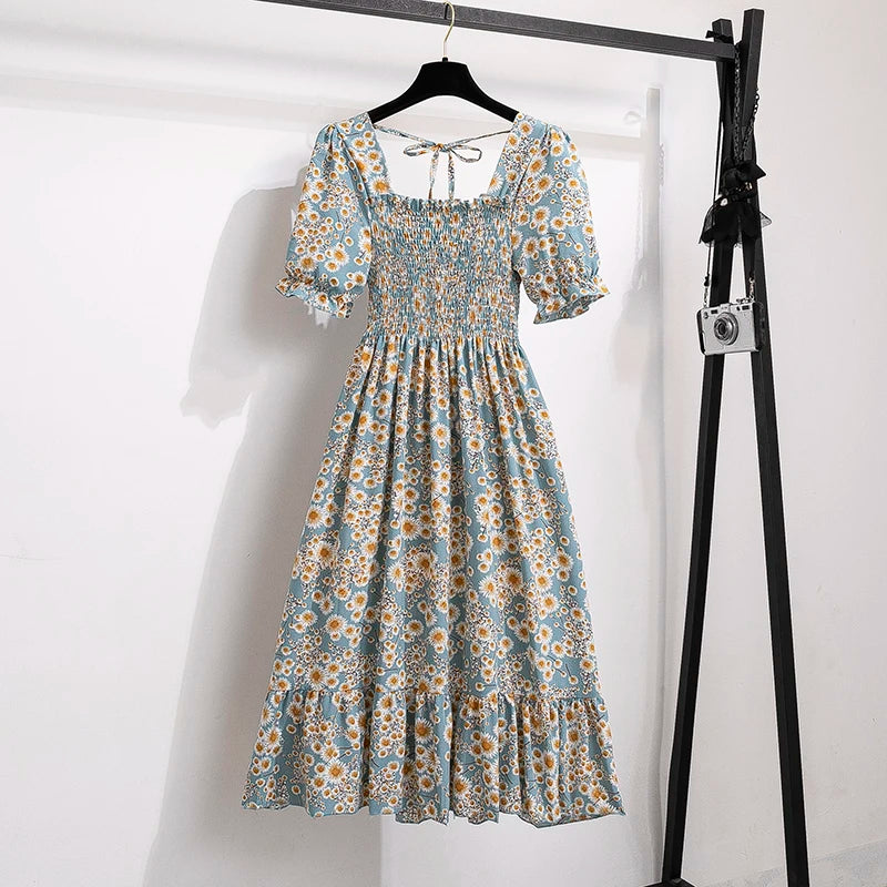Verão plissado mulheres vestidos de chiffon casual praia férias manga curta gola quadrada mulher midi vestido boêmio mujer vestidos