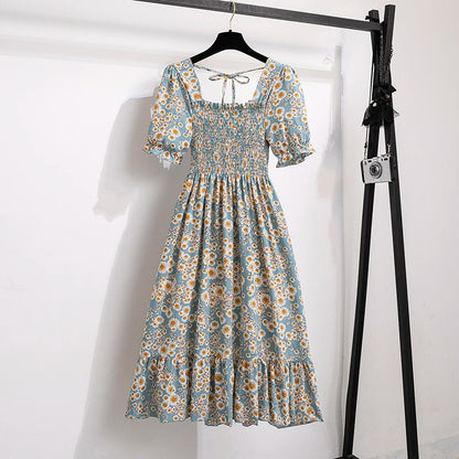 Verão plissado mulheres vestidos de chiffon casual praia férias manga curta gola quadrada mulher midi vestido boêmio mujer vestidos