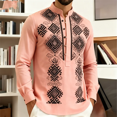 Nova Camisa Masculina de Manga Longa Estilo Étnico Retrô com Estampa 3D de Totem Tribal, Camisa Casual com Botões