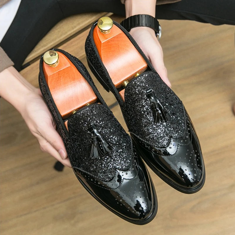 Sapatos sociais masculinos com glitter dourado, sapatos formais de marca, couro italiano, moda de luxo, casamento, sapatos oxford, tamanho grande 38- 47