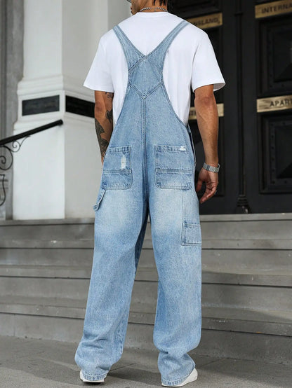 Macacão Jeans Masculino Moderno para o Verão, com Caimento Solto de Perna Larga, Design Rasgado e Estilo Urbano