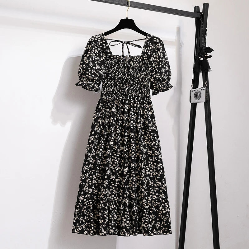 Verão plissado mulheres vestidos de chiffon casual praia férias manga curta gola quadrada mulher midi vestido boêmio mujer vestidos