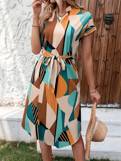 Vestido feminino elegante de verão com estampa completa, mangas morcego e cinto, estilo europeu-americano. Roupa feminina da moda.