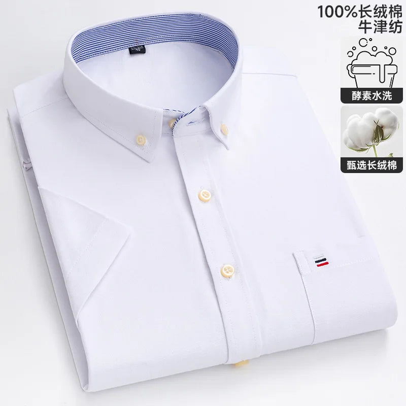 100% algodão puro oxford camisas masculinas manga curta xadrez macio regular ajuste formal vestido camisa blusa social roupas masculinas 6xl 7xl