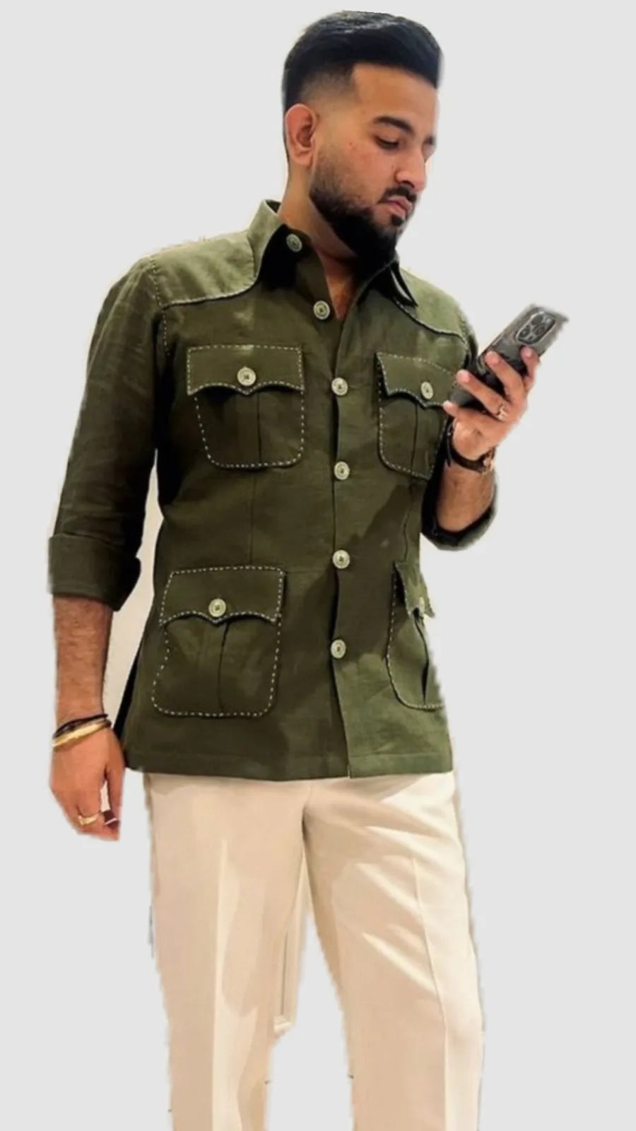 Camisa Masculina Casual Estilo "Hunting" em Linho – 100% Linho, Tingimento Liso, Ecológica, Respirável e Confortável para o Verão, com Gola Clássica