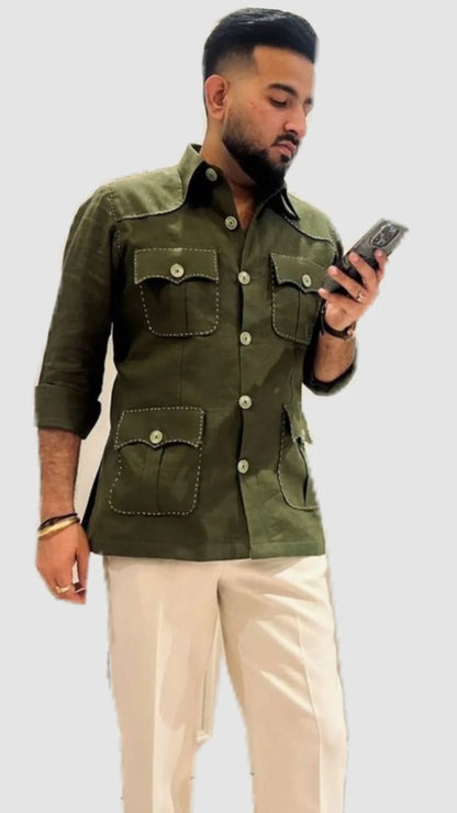Camisa Masculina Casual Estilo "Hunting" em Linho – 100% Linho, Tingimento Liso, Ecológica, Respirável e Confortável para o Verão, com Gola Clássica