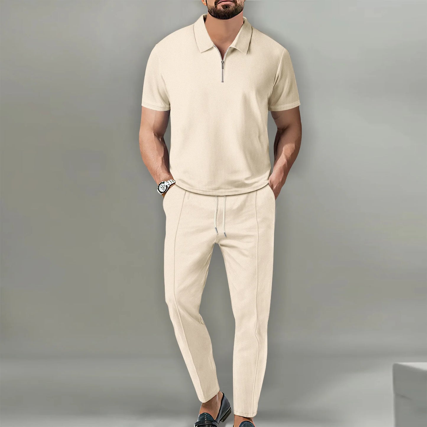 Verão masculino esportes polo terno de manga curta elegante zíper camisa polo e shorts conjunto masculino casual streetwear 2 peças lazer esportes conjunto