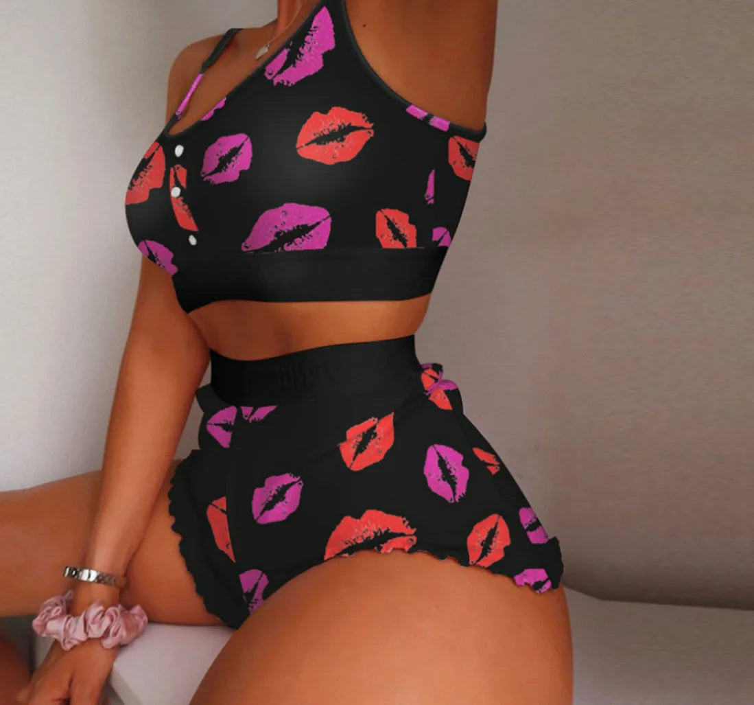2 peças conjunto de pijama feminino shorts terno impressão múltipla roupa interior sexy lingerie camisolas tanques noite senhoras loungewear homewear