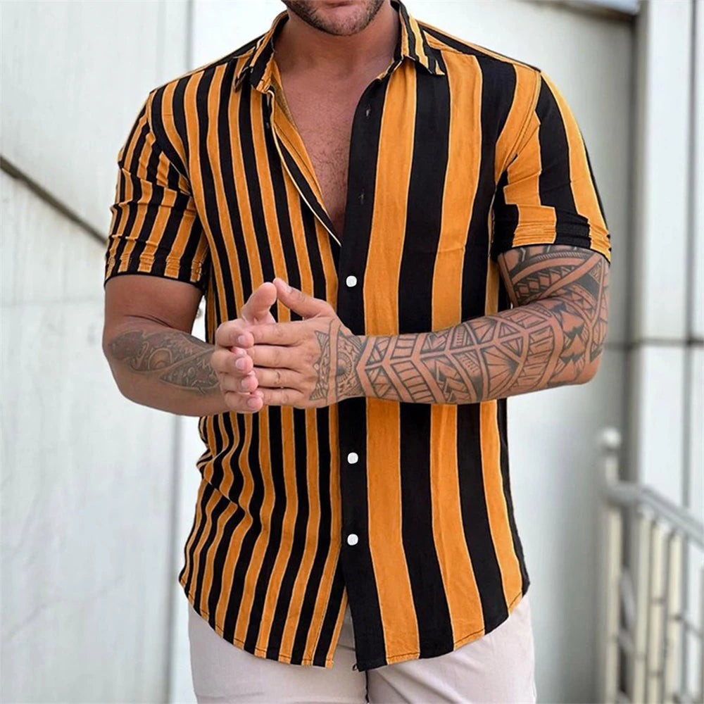 Camiseta listrada de manga curta com botão havaiano masculina, blusa xadrez, roupa de praia vermelha, camisa preta e branca, roupas masculinas, verão