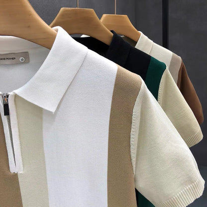 Meia zip estilo ocidental seda gelo fino suéter de manga curta para homens verão legal malha camiseta para homens camisa polo de alta qualidade
