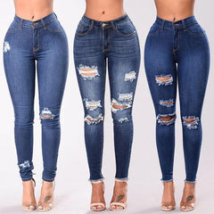 Mulheres Stretch Skinny Ripped Jeans, Calças Lápis de Cintura Alta, Envoltório de Pernas Estreitas, Hips, Calças Femininas, Plus Size S-3XL,