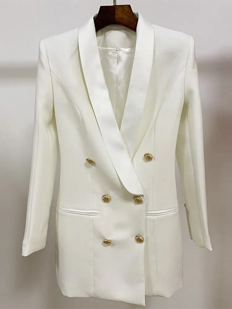 Blazer feminino de alta qualidade, modelo 2026, com botões de leão, abotoamento duplo, gola xale em cetim e modelagem longa.