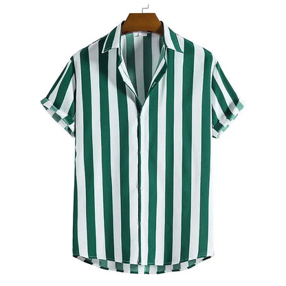 Listrado simples camisa masculina casual solto lapela cardigan topo tamanho grande camisa de manga curta masculina high-end confortável e simples
