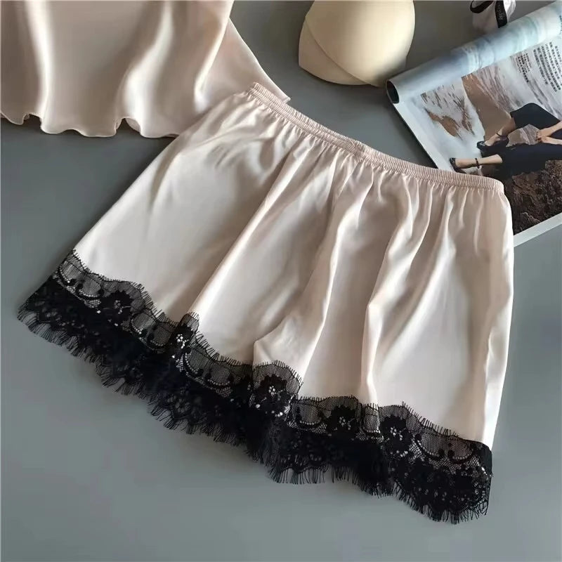 Mulheres pijama terno moda com decote em v estiramento cetim babydoll renda lingerie sexy bowknot pijamas sono shorts conjunto pijamas novo