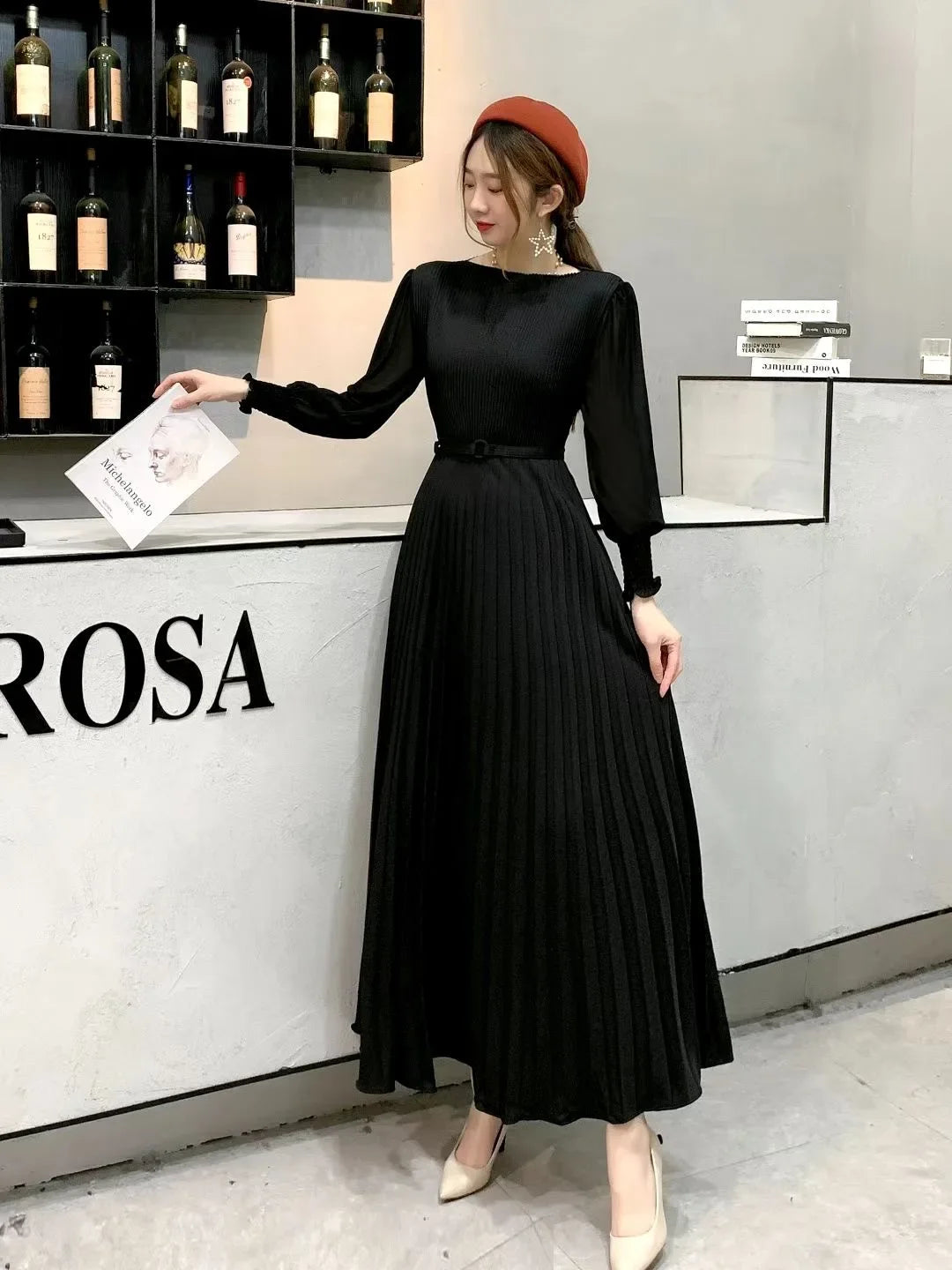 Pleated Dress Women Long Dresses A Line Round Neck Long Sleeve Party Maxi High Waist Belt Slim Sexy Elegant Splice Vestidos 2024