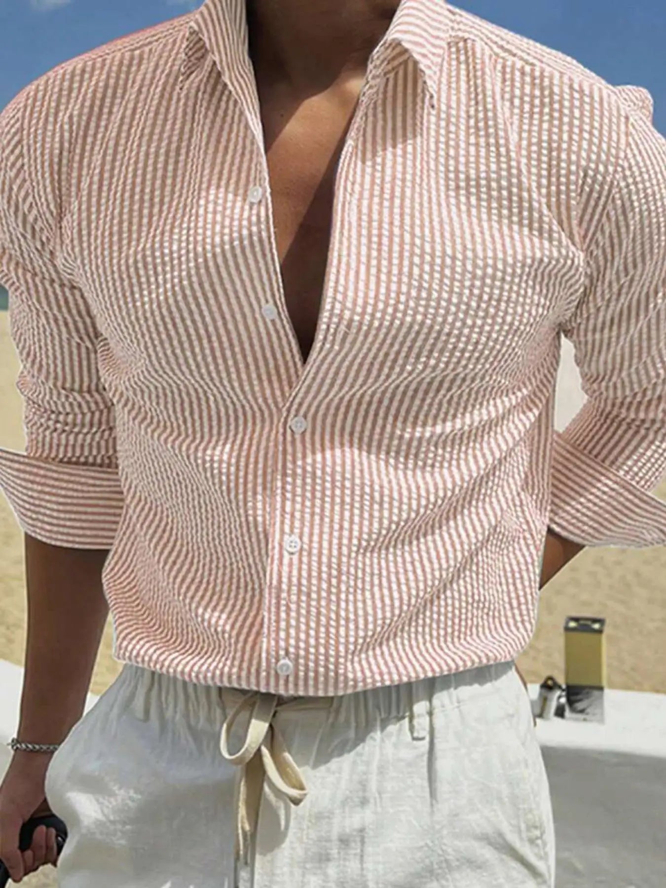Camisa Masculina de Manga Longa Listrada com Corte Solto, Estilosa e Confortável para Uso Casual em Todas as Estações, Ideal para Atividades ao Ar Livre