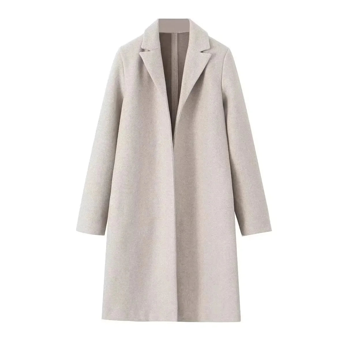 Casaco feminino de lã, modelo trench coat longo, liso, com costura aberta, decote em V vintage e mangas compridas. Ideal para um look feminino elegante.