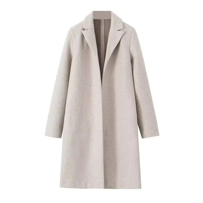 Casaco feminino de lã, modelo trench coat longo, liso, com costura aberta, decote em V vintage e mangas compridas. Ideal para um look feminino elegante.
