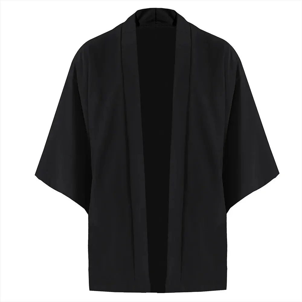 Camisas Kimono Japonesas Masculinas Casuais com Costura Aberta, Yukata Leve e Moderna, Cardigã Preto com Mangas 3/4, Ideal para Férias de Verão