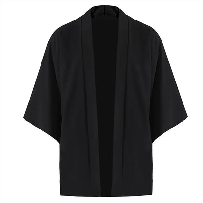 Camisas Kimono Japonesas Masculinas Casuais com Costura Aberta, Yukata Leve e Moderna, Cardigã Preto com Mangas 3/4, Ideal para Férias de Verão