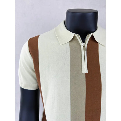 Camisas Polo Tricotadas Listradas Coreanas para Homens, T-shirt Casual com Zíper Lateral, Manga Curta, Estilo Empresarial e Social