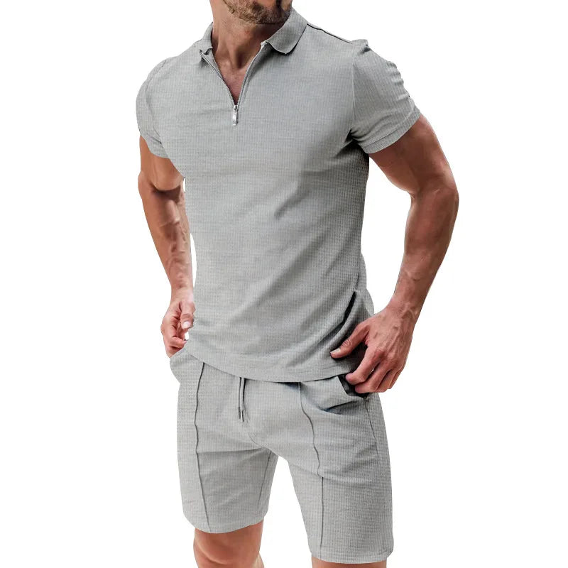 Verão masculino esportes polo terno de manga curta elegante zíper camisa polo e shorts conjunto masculino casual streetwear 2 peças lazer esportes conjunto