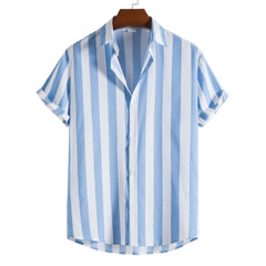 Camiseta listrada de manga curta com botão havaiano masculina, blusa xadrez, roupa de praia vermelha, camisa preta e branca, roupas masculinas, verão