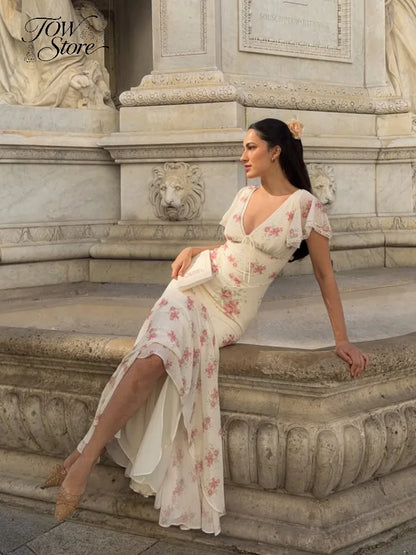 Vestido Longo Plissado com Mangas Borboleta para Mulheres, Decote V Profundo, Estampa Floral, Sexy, com Cintura Ajustável, Vestidos Femininos para Férias e Passeio