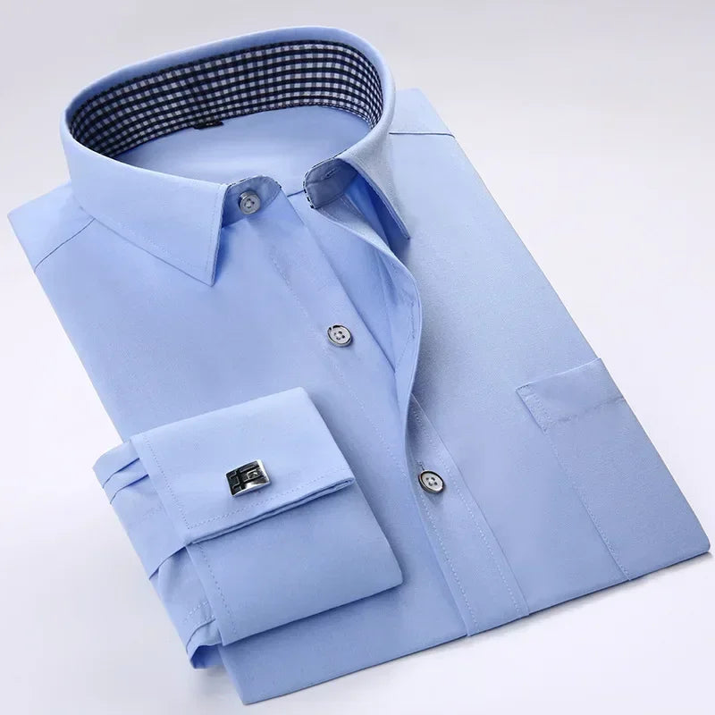 Quality French Cufflinks Shirt Men's Long Sleeve Tuxedo Male Brand Slim Fit White Button Cuff Social Men Dress Shirts