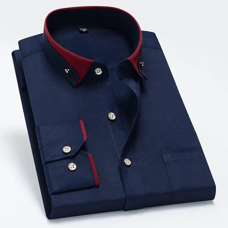 Camisa de negócios masculina manga longa botão para baixo camisa social anti-rugas escritório camisa masculina manga longa cor preta casual