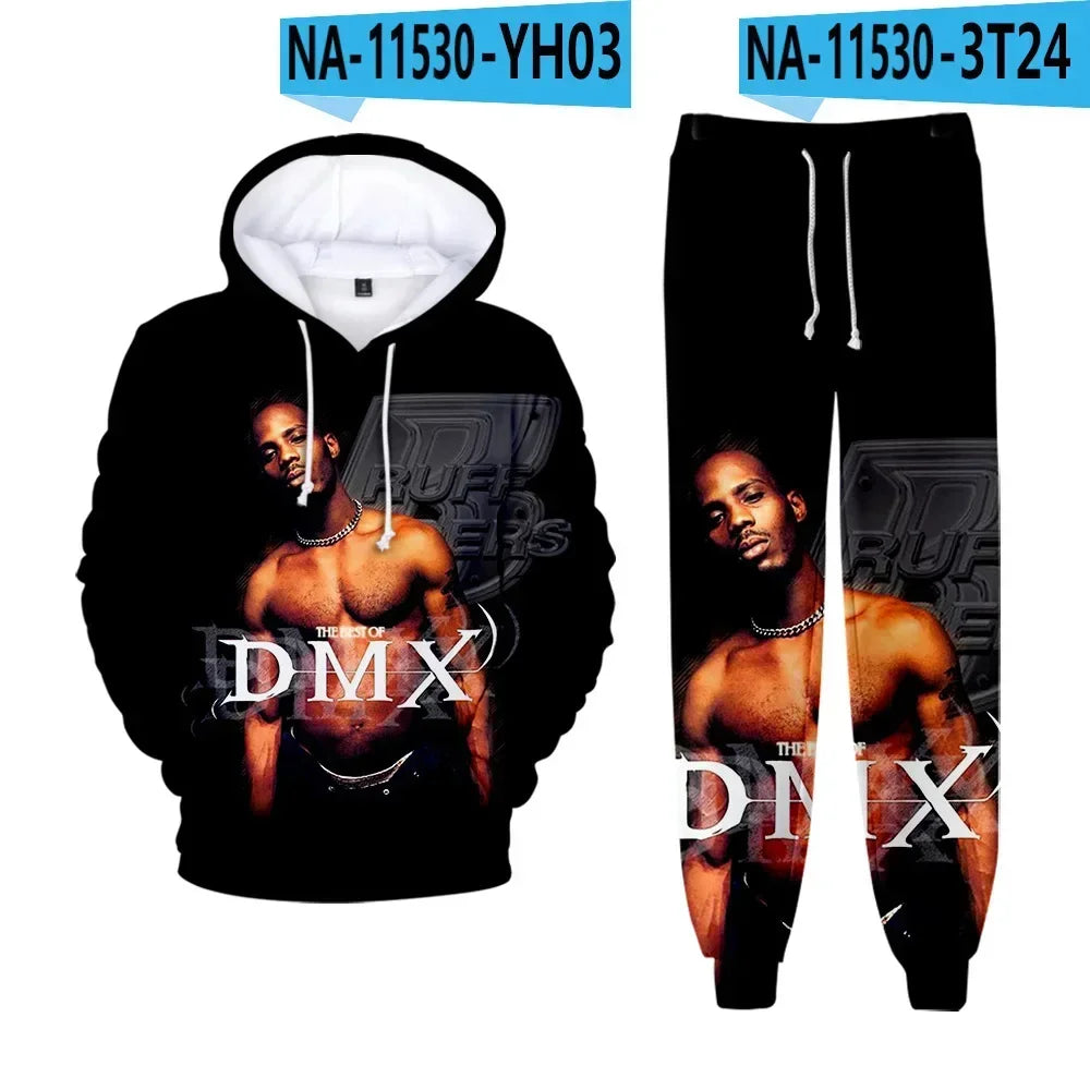 Hip hop rapper dmx impressão 3d conjuntos de treino masculino moda terno esportivo moletom com capuz + moletom roupas masculinas 2 peças conjunto