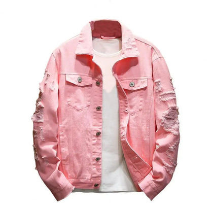 Rasgado buraco jean jaquetas masculinas outerwear casacos jeans quentes gola aberta botões soltos jaquetas jeans cor sólida casaco jeans
