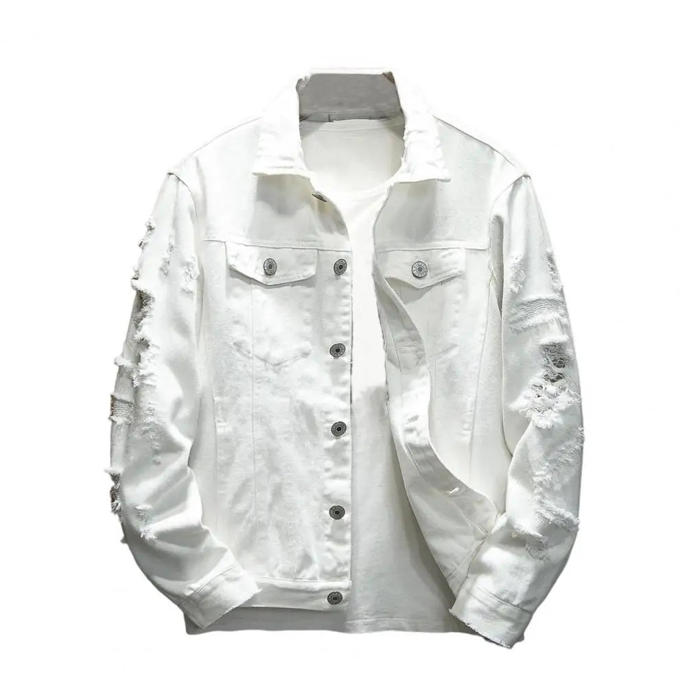 Rasgado buraco jean jaquetas masculinas outerwear casacos jeans quentes gola aberta botões soltos jaquetas jeans cor sólida casaco jeans