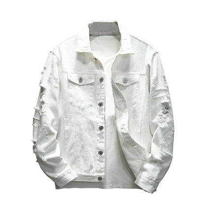 Rasgado buraco jean jaquetas masculinas outerwear casacos jeans quentes gola aberta botões soltos jaquetas jeans cor sólida casaco jeans