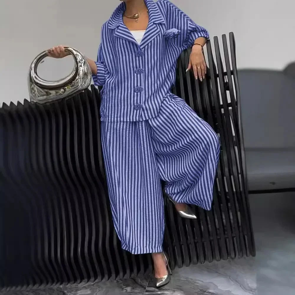 2025 Spring Fall Women's 2 Piece Set Suit Office Lady Floral Striped Loose Blazer Casual Wide Leg Pants Suits For Women Clothing