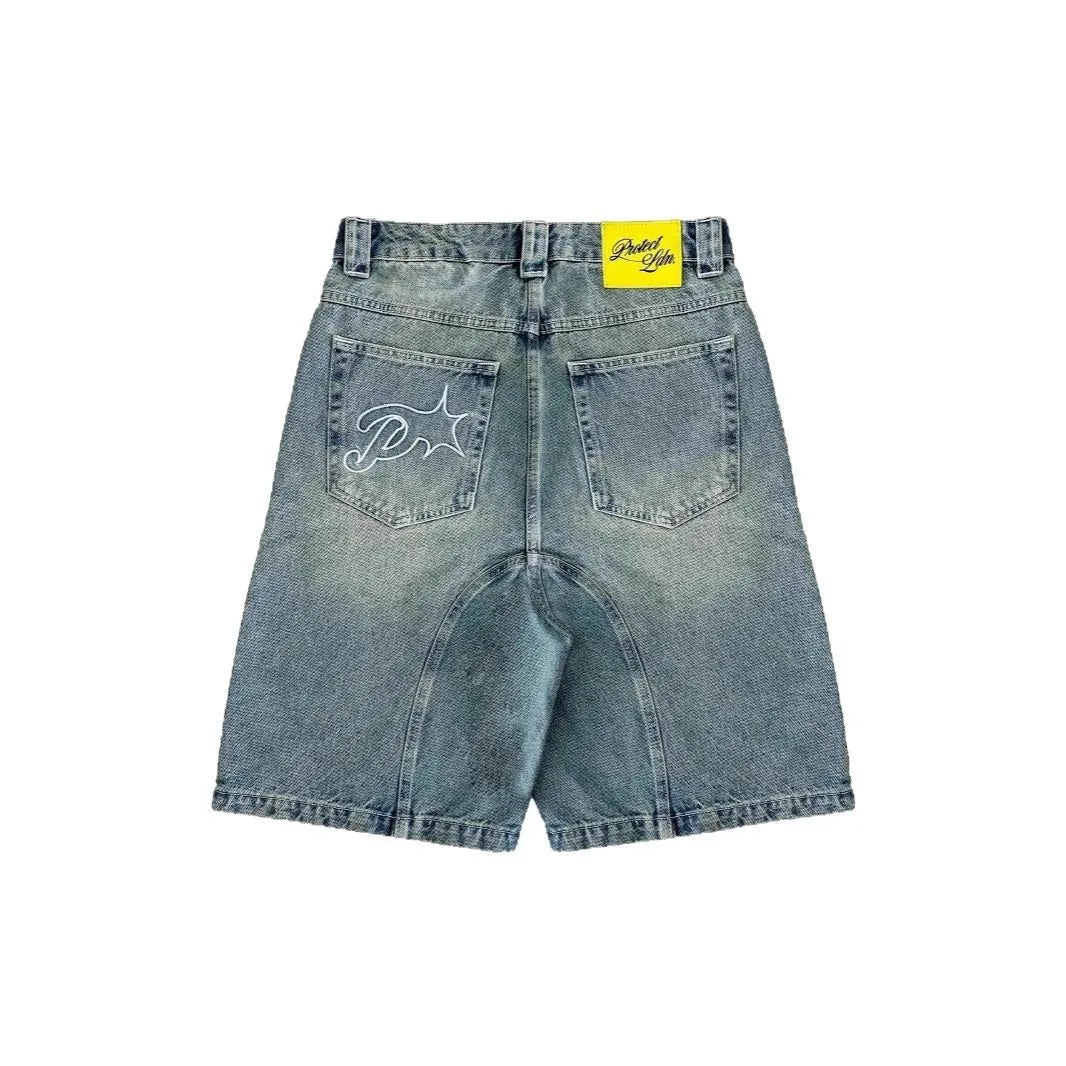 Vintage y2k homens mulheres harajuku calças de brim curtas lavadas bordado americano retro homem denim shorts verão solto hip hop streetwear
