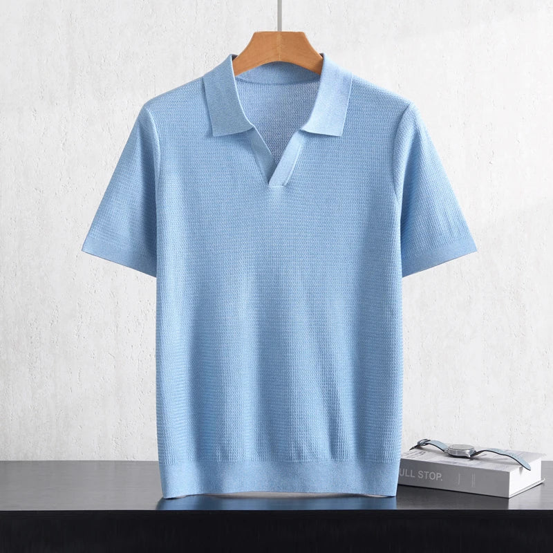 Camiseta Polo Masculina Nova de Verão 100% Liocel, Gola Polo, Cor Sólida, Malha Fina, Pulôver Casual de Negócios, Manga Curta