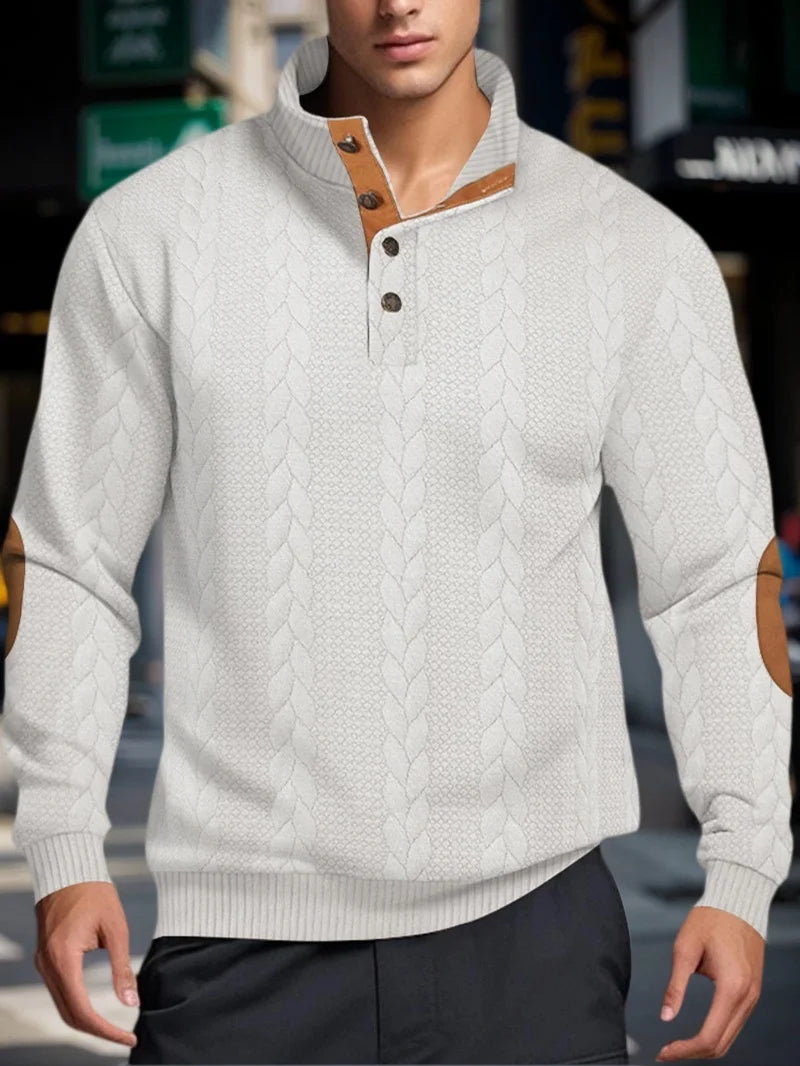 Suéteres jacquard de malha masculina botão gola alta pulôver quente suéteres ao ar livre casual moletom de manga comprida masculino