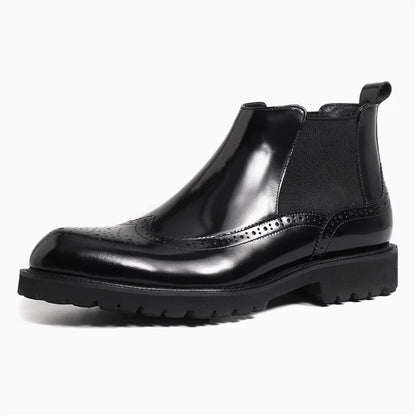Botas Chelsea de couro genuíno masculino outono inverno bico fino brilhante brogue sapatos curtos estilo britânico