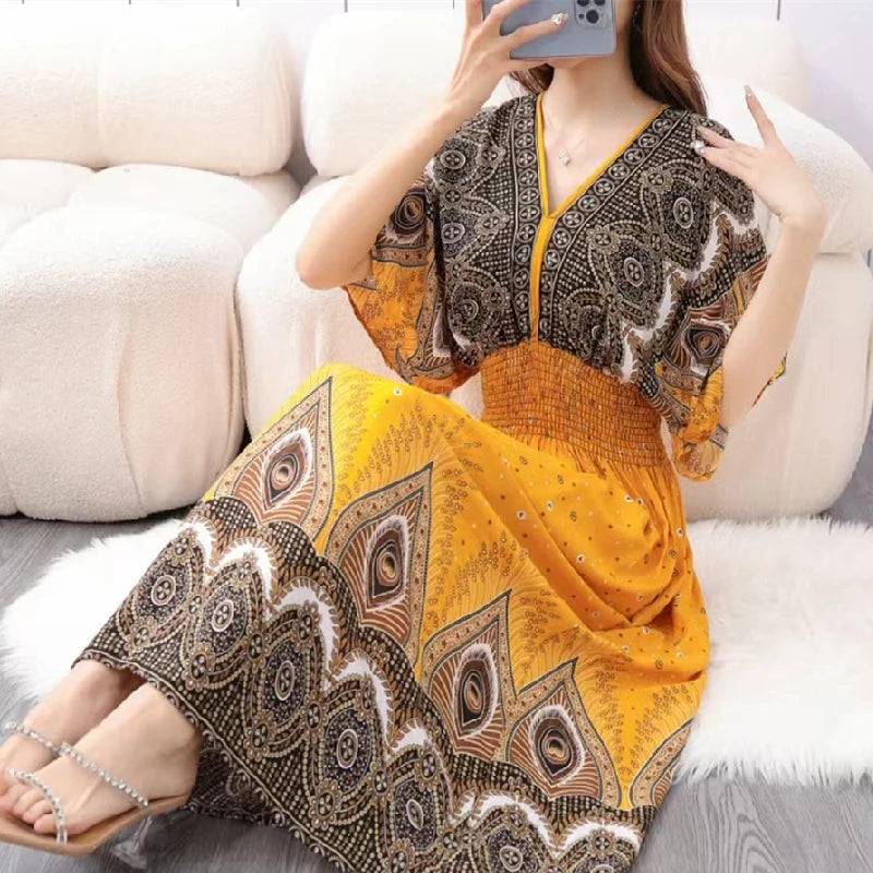 Flor colorida com decote em v elástico jovem boêmio doce midi vestido mulher roupas chique moda vestidos de verão 2025 grande balanço esqui