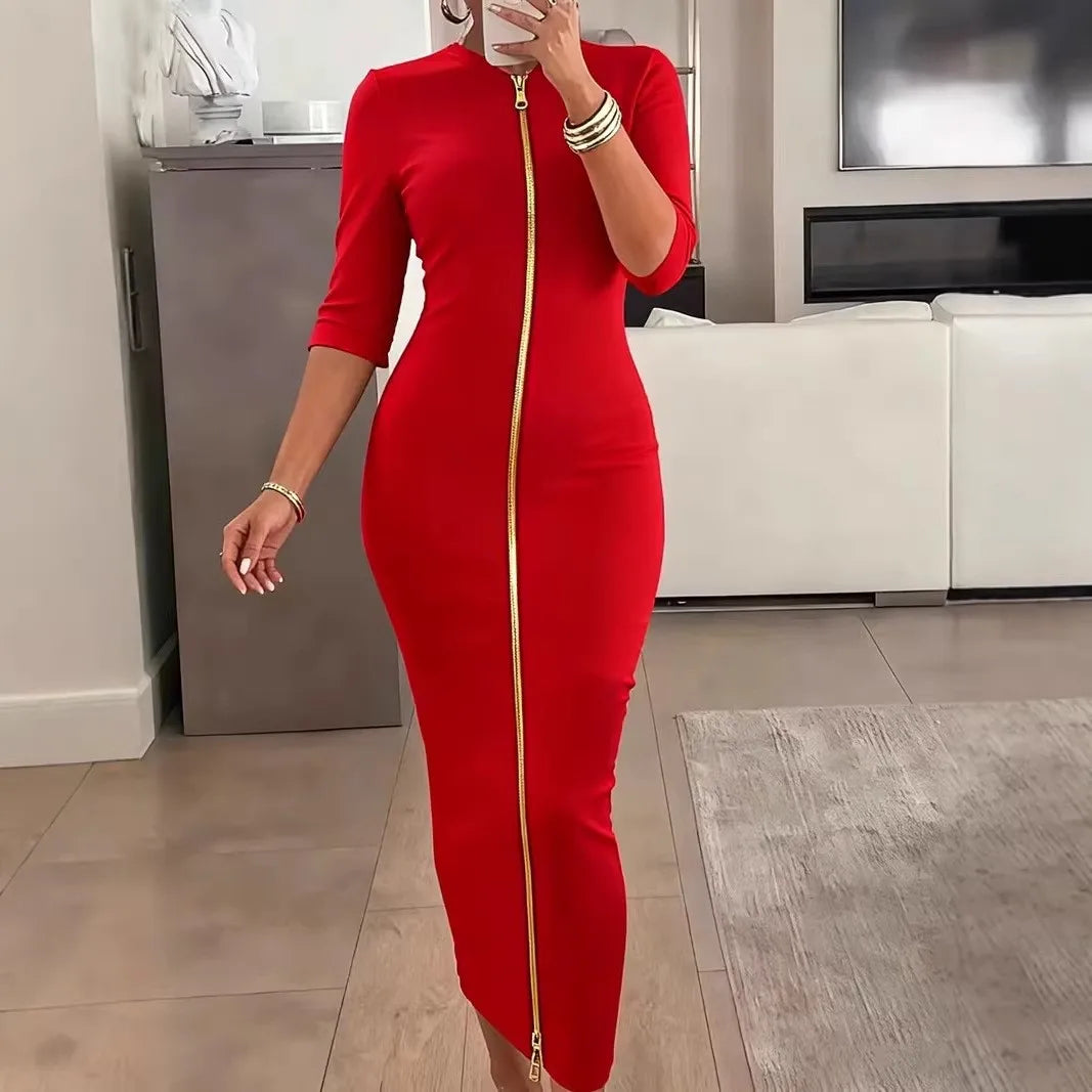 Vestido Lápis Preto Sólido com Manga Curta, Cintura Marcada, Comprimento Midi, Zíper Frontal, Gola Redonda, Ajuste Perfeito e Elegante