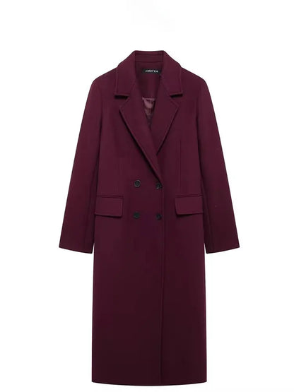 Casaco feminino HH na cor bordô, com abotoamento duplo, mangas compridas e lapela, ideal para outono e inverno. Perfeito para o dia a dia.