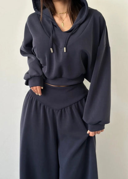 Conjuntos de Calças Casuais Confortáveis para Mulheres, Estilo Esportivo, Moletom Curto com Capuz, Calças de Cintura Alta, Conjunto de Duas Peças, Moda de Rua Feminina