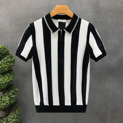 Short-sleeved striped Korean-style fitted polo collar casual new men's t-shirt