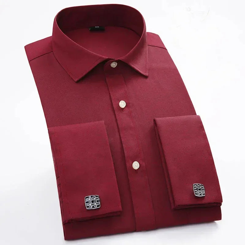 Qualidade frança abotoaduras homens vestido camisas botão turndown colarinho respirável fino ajuste festa de casamento smoking camisas hombre