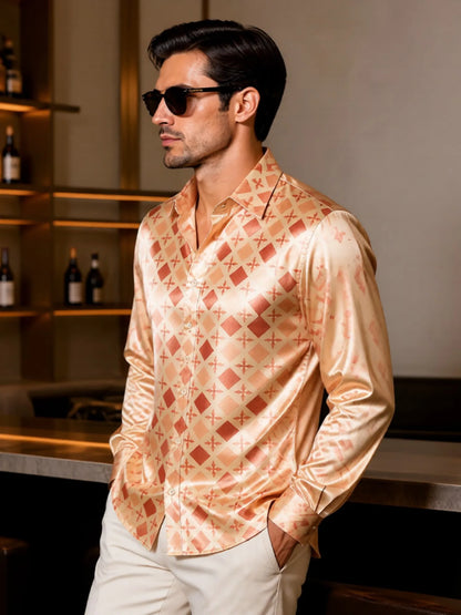 Camisa Social Masculina de Cetim com Manga Longa e Botões, Estampada, Tecido Liso e Brilhante, Ideal para o Dia a Dia, Escritório, Trabalho e Uso Diário
