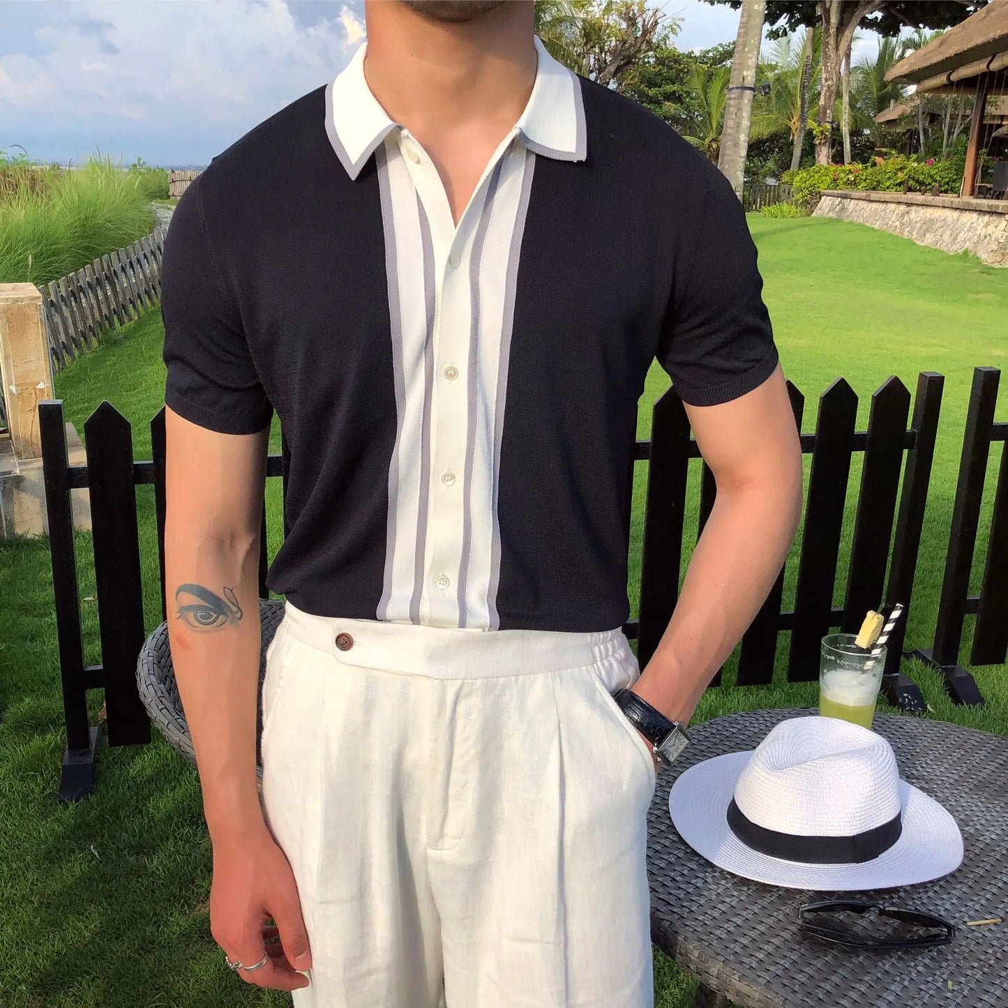 Camisa polo de manga curta de malha masculina, blusa casual de negócios, polo Slim Fit, primavera verão, camiseta listrada moda, camiseta com gola polo, malhas