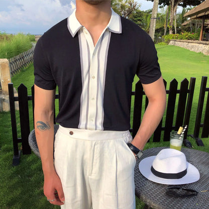 Camisa polo de manga curta de malha masculina, blusa casual de negócios, polo Slim Fit, primavera verão, camiseta listrada moda, camiseta com gola polo, malhas